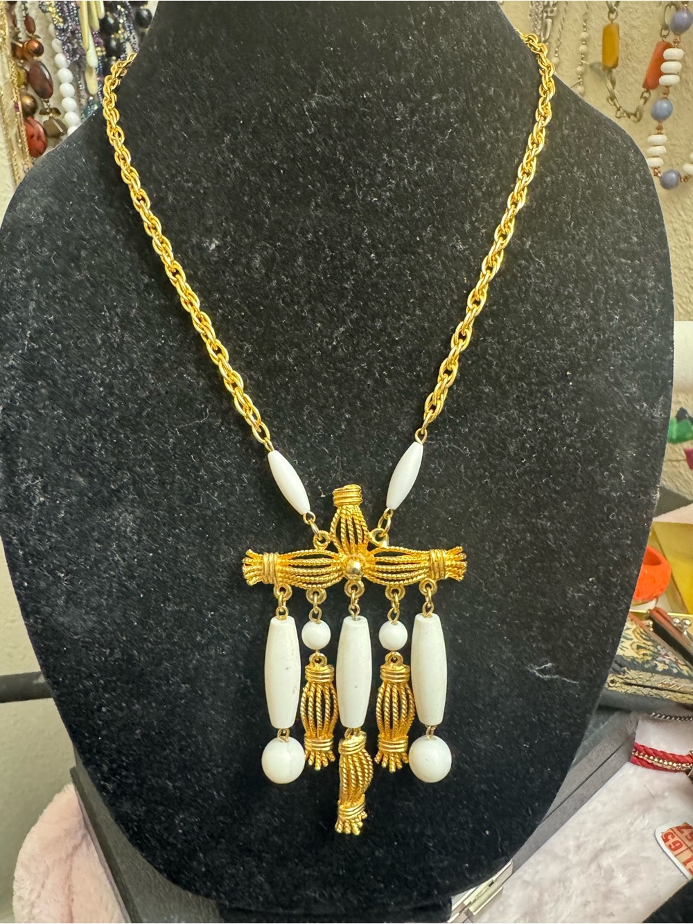 Vintage Gold-Tone Necklace with White Bead Tassel Pendant